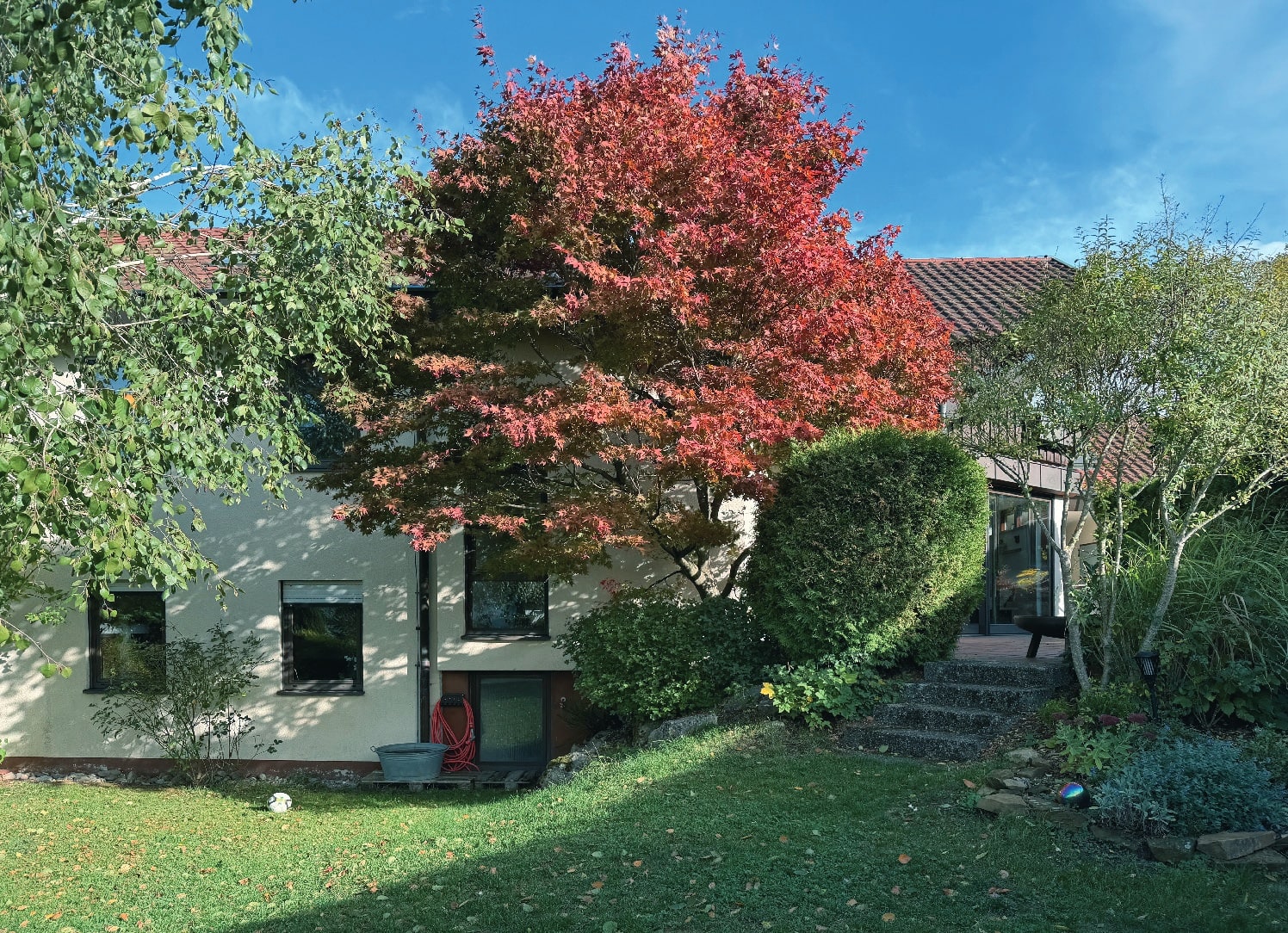 Einfamilienhaus mit Garten und rotem Ahorn am Straßdorfer Berg